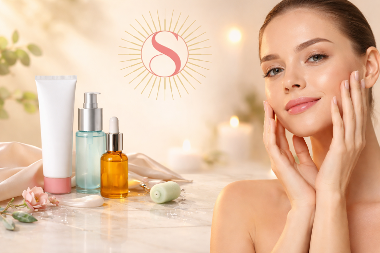 Skin booster skincare scene with glowing hydrated skin and beauty products representing aesthetic treatments at Sunrayz in Hornchurch.