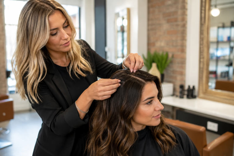 Hair stylist discussing scalp health and healthy hair care in Hornchurch Essex salon