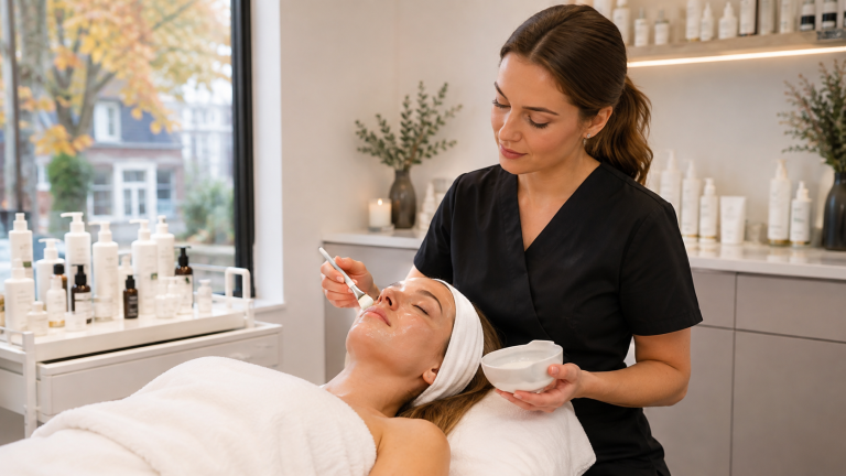 Woman receiving a hydrating autumn facial at a beauty salon in Hornchurch